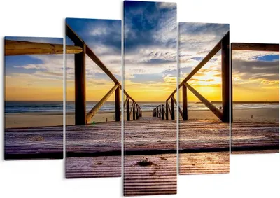 Produktbild von Bild auf Leinwand - Leinwandbild - Strand Ozean Sand Holzbrücke Sonnenuntergang - 150x100cm - Wand Bild - Wanddeko - Leinwanddruck - Bilder - Kunstdruck - Leinwand bilder - Wandkunst - EA150x100-0430