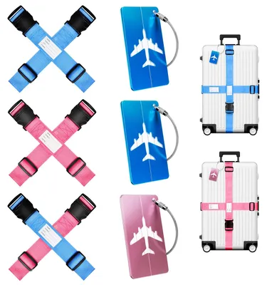 Imagen del producto de Juego de correas para maletas, 6 unidades, con 3 etiquetas para equipaje, color azul y rosa, para viajes