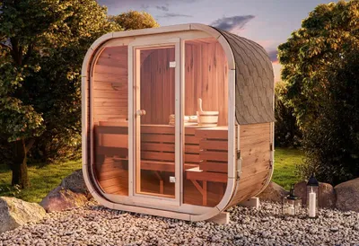 Produktbild von FinnTherm Comfort Set Fasssauna Ellipso M Fasssauna 4 Sitzbänke aus Holz , Sauna mit 42 mm Wandstärke Außensauna