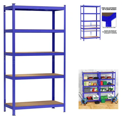 Produktbild von Lagerregal - Verstellbares 5-stöckiges Metallregal - 180x90x40 cm - Tragkraft 875 kg - Stapelbar, MDF-Böden - Blau