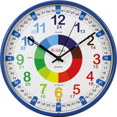 Produktbild von Kiddus Time Teacher Wanduhr für Kinder. 30cm Analoger Zeitlehrer mit Zeit Lernübungen. Stilles Uhr. Viele Sprachen. Blau