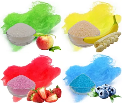 Produktbild von Aromazucker für bunte Zuckerwatte 4 x 100 g mit Geschmack Apfel Banane Erdbeer Heidelbeere Farbzucker Zucker für Zuckerwattemaschine