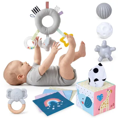 Produktbild von Mamabrum sensorisches Babyspielset ab 3 Monaten mit Beißring, Rassel, 4 Bällen aus Stoff, Silikon, Buchen- und Wacholderholz