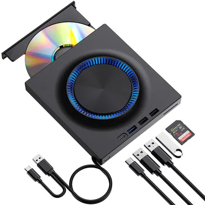A black external DVD/Blu-ray drive with a CD inserted, along with various USB cables, a USB flash drive, and an SD card.