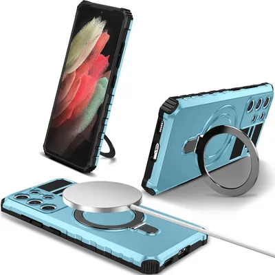 Obrázek produktu pro Pouzdro pro Samsung Galaxy S21 Ultra 5G magnetické s MagSafe, držák prstenu, stojánek, dvouvrstvé ochranné pouzdro Světle modrá