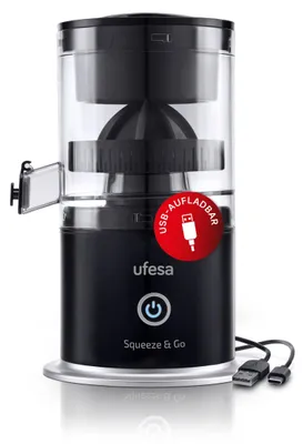 Productafbeelding van Citruspers Ufesa Squeeze & Go, elektrisch, met USB-C opladen, draagbaar – voor sinaasappels, citroenen en limoenen, batterij 1500 mAh, capaciteit 220 ml, BPA-vrij