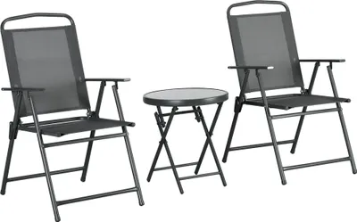 Produktbild von Bistro-Set 3-teilig aus Metall Wetterfest Gartenmöbel Set mit klappbar Glastisch Gartenstühlen Dunkelgrau