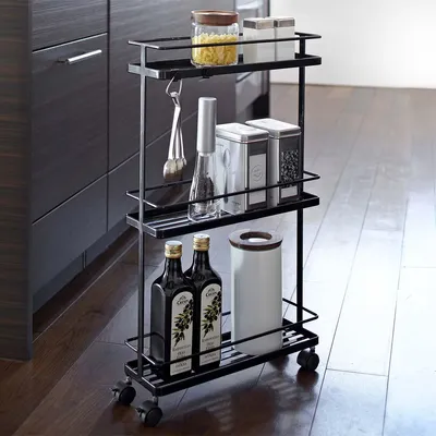 Produktbild von Yamazaki Küchenwagen mit Rollen Rollwagen Nieschenwagen Küchenregal Metall 3 Ebenen schwarz 12x66x38cm