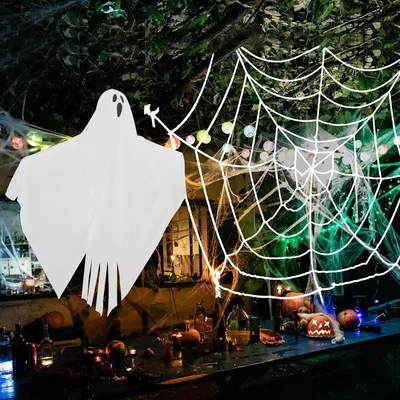 Obrázek produktu pro Závěsná halloweenská dekorace duch 21x27cm a pavučina 48cm