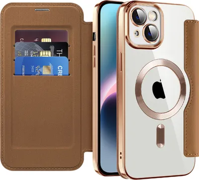 Produktbild von Klapphülle für iPhone 14 Kompatibel mit Magsafe, Klar Überzug Kartenhalter Ledertasche mit Kameraschutz Braun
