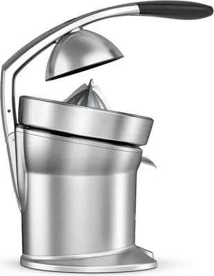 A silver electric citrus juicer with a black handle, shown from a side angle against a white background.