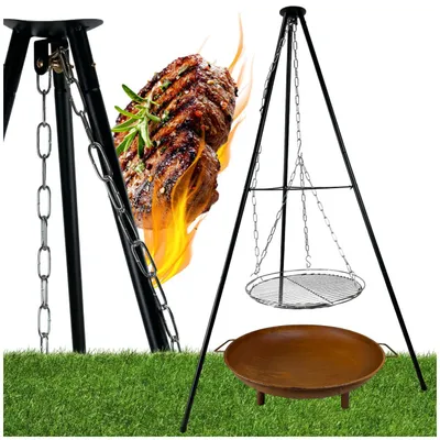 Produktbild von Dreibein Schwenkgrill 152cm - mit Feuerschale 60cm - Höhenverstellbarer Campinggrill - Grillrost Ø 50cm - Rost-Optik