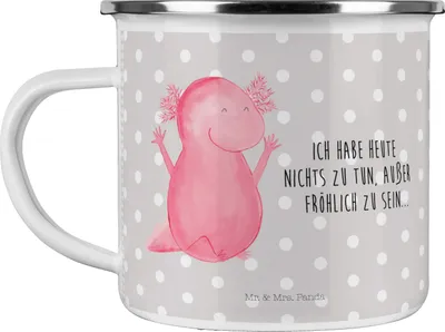 Produktbild von Mr. & Mrs. Panda Kaffeepott Axolotl Hurra - Grau Pastell - Geschenk, Motivation, Lurch, Emaille Becher, Teetasse, Spaß, Fröhlich, Campingbecher, Pott, Tasse