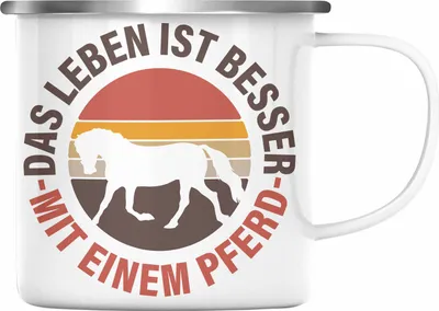Produktbild von Trendation - Pferde Emaille Tasse Lustig Reiterin Geschenk Pferde Geschenke Mädchen Pferdeliebhaber Das Leben Ist Besser Mit Einem Pferd (Silber)