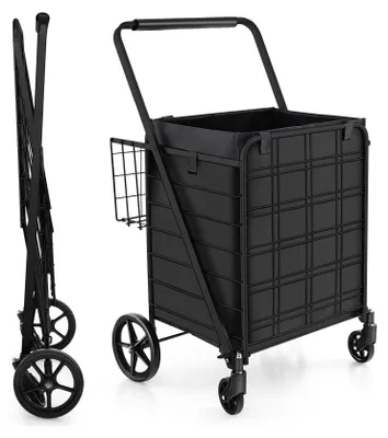 A black shopping trolley is shown from two angles: folded and unfolded.