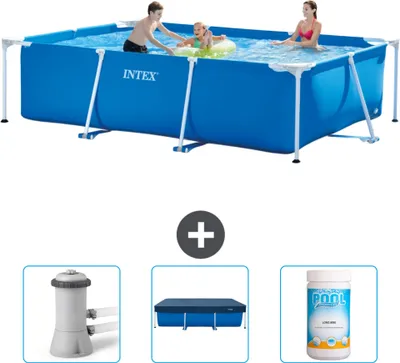 Obrázok produktu pre Bazén Intex s obdĺžnikovým rámom - 300 x 200 x 75 cm - Modrý - Súčasťou dodávky je filtračné čerpadlo pre bazén - Kryt - Chlór