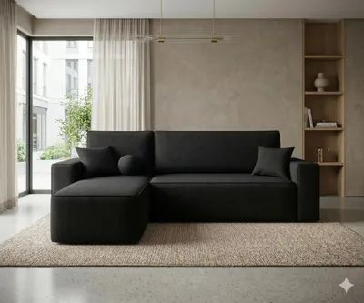 Produktbild von CORNERO Ecksofa TEXAS mit Schlaffunktion Couch in L-Form mit Stauraum Eckcouch mit Bettkasten Sofa in L-Form Schwarz Ottomane links