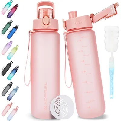 Imagen del producto de Botella deportiva de Tritan, sin BPA, a prueba de fugas, con filtro, de 1 litro (1000 ml), color rosa