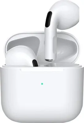 A pair of white wireless earbuds and their charging case are shown against a white background.