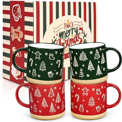 Immagine prodotto di Set di 4 tazze natalizie in Vetroceramica, rosse e verdi, da 380 ml, con decorazioni festive