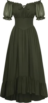 Productafbeelding van Dames maxi-jurk in A-lijn met off-shoulder hals, lange mouwen, gesmokte taille en zijzakken, olijfgroen