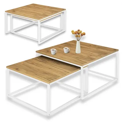 Produktbild von Couchtisch 2er Set Kaffeetisch, Wohnzimmertisch, Eckiger Beistelltisch, Tisch mit Metallgestell, Couchtisch im Loft-Stil