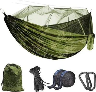 Produktbild von Famanu Campinghängematte mit Moskitonetz - Tragbare Doppel-/Einzelhängematte aus 210D Nylon