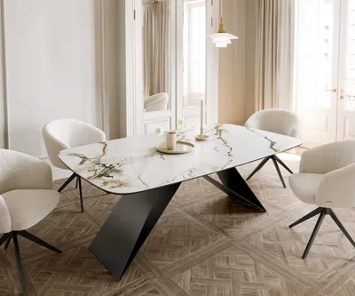 Produktbild von DELIFE Esstisch Edge Boot 200x100 Keramik Calacatta Luxe Weiß-Gold-Grau V-Gestell Flachstahl Schwarz