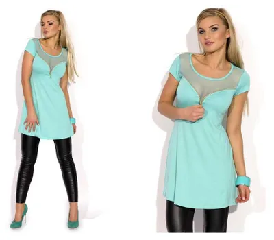 Produktbild von Damen Longshirt Tunika Shirt T-shirt Spitze Transparent Mesh; S/M; Mintgrün