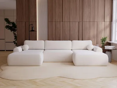 Produktbild von GrainGold Ecksofa U-Form Savana - Ecksofa mit Schlaffunktion, Bettkasten - Wohnlandschaft, Wohnzimmer Ecksofa - Eckcouch Weiß (Lambi 07)