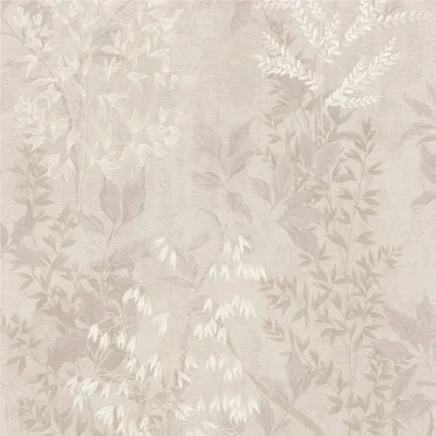 A close-up of a botanical pattern wallpaper with leaves and flowers in shades of beige and cream.