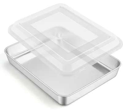 Productafbeelding van Roestvrijstalen bakplaat, zilverkleurig, met deksel, afmetingen 26,5 x 20,7 x 5 cm