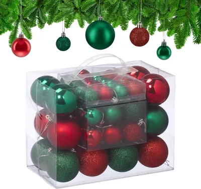Immagine prodotto di Set da 50 palline natalizie Relaxdays, decorazioni natalizie, opache, lucide, scintillanti, palline per l'albero di Natale ∅ 3, 4 e 6 cm, verde/rosso