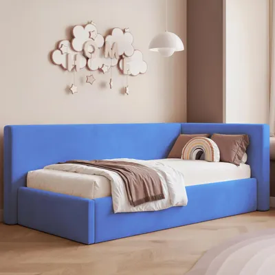 Obrázek produktu pro Postel pro mládež Sampre, rozměry 90x200 cm, modrá, pravá strana, potah z veluru – s úložným prostorem, kovový rošt