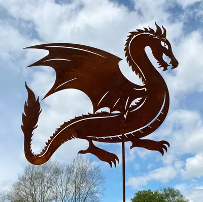 Produktbild von Gartenfigur Drache stehend 63x58cm + Stab Edelrost Gartenstecker Wetterfest Rost Metall Rostfigur Drachen Figur Dragon