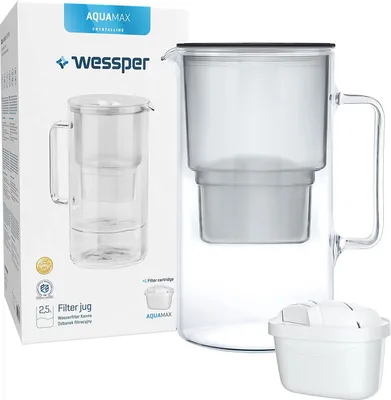 A water filter jug and its packaging are displayed.