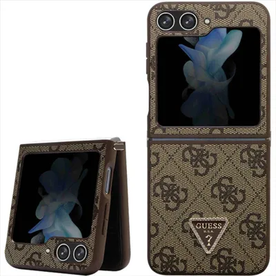 A collage of a brown flip phone case with a repeating Guess logo pattern.