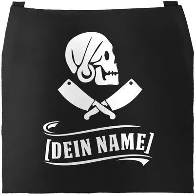 Produktbild von Grill-Schürze Kochschürze für Männer anpassbarer Name Pirat Totenkopf personalisierte Küchenschürze Herren Baumwolle Moonworks® schwarz unisize