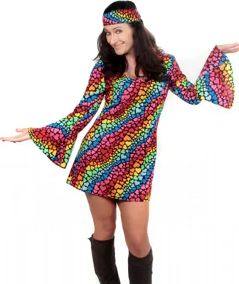 Hippie Kostüm bunt Damen Kleid Herzen Regenbogen Fasching Motttoparty