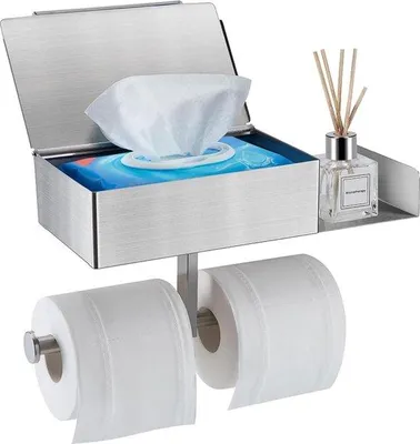 Produktbild von Famanu Toilettenpapierhalter mit Feuchttücherbox - mit Ablage - silberner Wandhalter für WC-Rollen - ohne Bohren für Küche und Bad