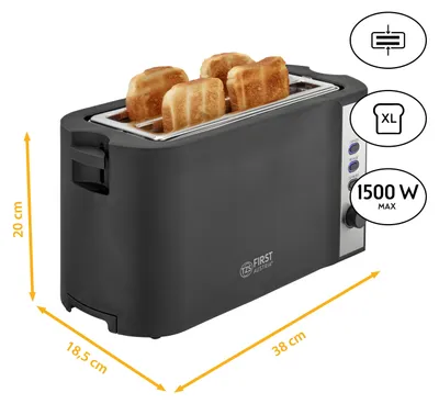 Produktbild von TZS First Austria Toaster Langschlitz, 4 Scheiben, 1200-1500W, 6 Bräunungsgrade, Auftau- und Aufwärmfunktion, Brotzentrierung, Krümelfach, Schwarz/Edelstahl