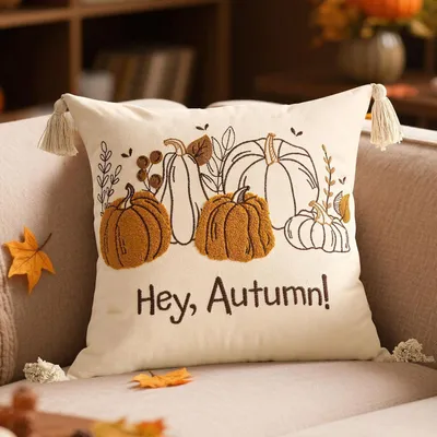 Immagine prodotto di Cuscino decorativo a tema autunnale, zucca, 45x45 cm, con frange, in peluche, lana corta, ideale per soggiorno o camera da letto