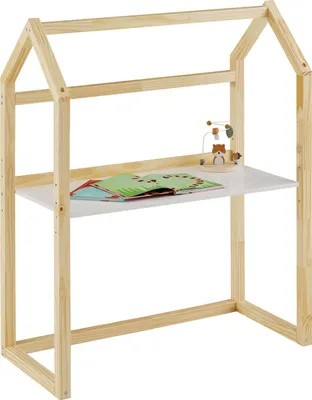 Produktbild von Kinderschreibtisch TINA in Hausform, natur/weiß - höhenverstellbarer Schreibtisch für Kinderzimmer, mitwachsend und individuell anpassbar, aus Kiefer Massivholz