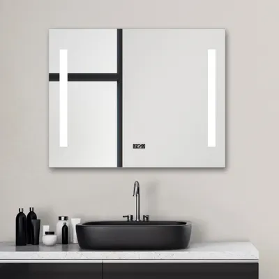Immagine prodotto di Specchio da parete Talos Star 80 x 60 cm - cornice in alluminio di alta qualità con interruttore - orologio digitale incorporato - specchio illuminato con luce bianca neutra - specchio per il bagno - fori di luce illuminati