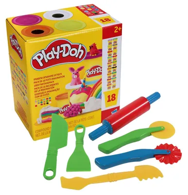 Produktbild von Play-Doh 18 Dosen Fantasiepack Knete mit Knetwerkzeug Set Knetmesser Modellierwerkzeug