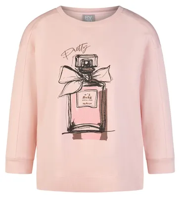 Produktbild von Rosa T-Shirt Größe 38 mit Rundhalsausschnitt, 3/4-Ärmeln und Parfumflakon-Motiv