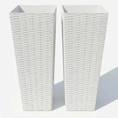 Immagine prodotto di Vasi da fiori effetto rattan - Set da 2 vasi rettangolari alti in plastica da 81 cm - Per esterni - Inserti rimovibili - Fori di drenaggio - Bianco