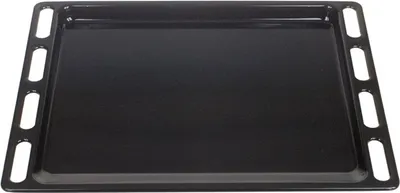 A black oven baking tray is shown from a slightly elevated diagonal angle.