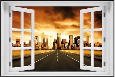 Produktbild von Wallario Wandbild mit Fenster-Illusion: Skyline am Ende der Straße, Größe: 61 x 91,5 cm, Poster mit schwarzem Aluminiumrahmen