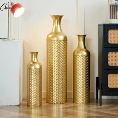 Produktbild von MODFU Metall-Bodenvasen-Set Metall-Vasen Set für den Boden aus stabilem Metall mit einer glänzenden Oberfläche,Bodenvasen-Kollektion mit Pampas-Zweig,Gold